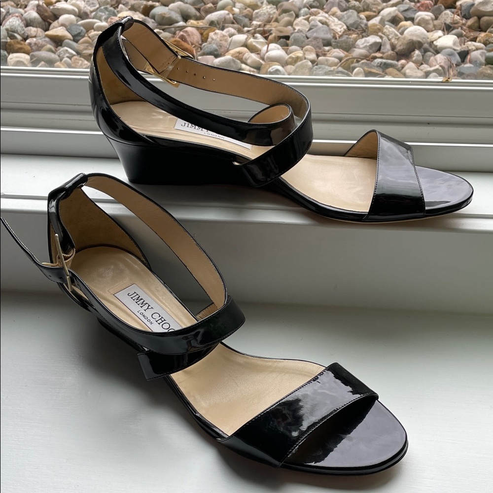 TODAY ONLY Jimmy Choo Black Patent Leather Fearne Cross strap Wedge